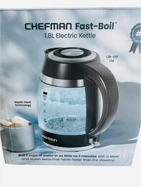 Chefman Fast-Boil 1.8L Electric Glass Kettle 1500W LED Water Heater NWB
